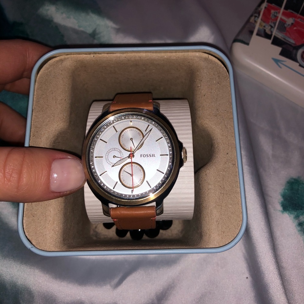 Fossil watch with brown leather band